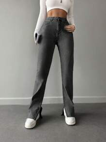 EURMUSE Flare And Split Hem Jeans - Grey - View 3