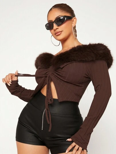 SHEIN SXY 一字肩毛茸邊前抽繩T恤