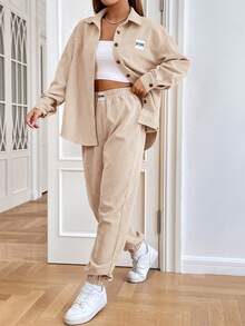 SHEIN EZwear Thư được vá Thả vai Vải to sợi Áo sơ mi & Quần - Màu be - Xem 4