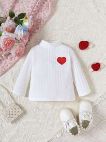 Baby Girl Heart Embroidery Mock Neck Tee - White - View 1