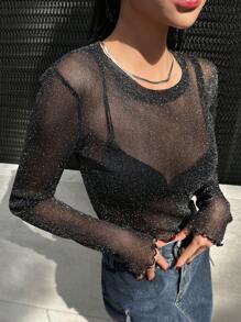Dazy Star 生菜边透明网眼上衣（无胸罩）外出上衣节日长袖女式上衣，秋季女装 - 黑色 - 查看 2