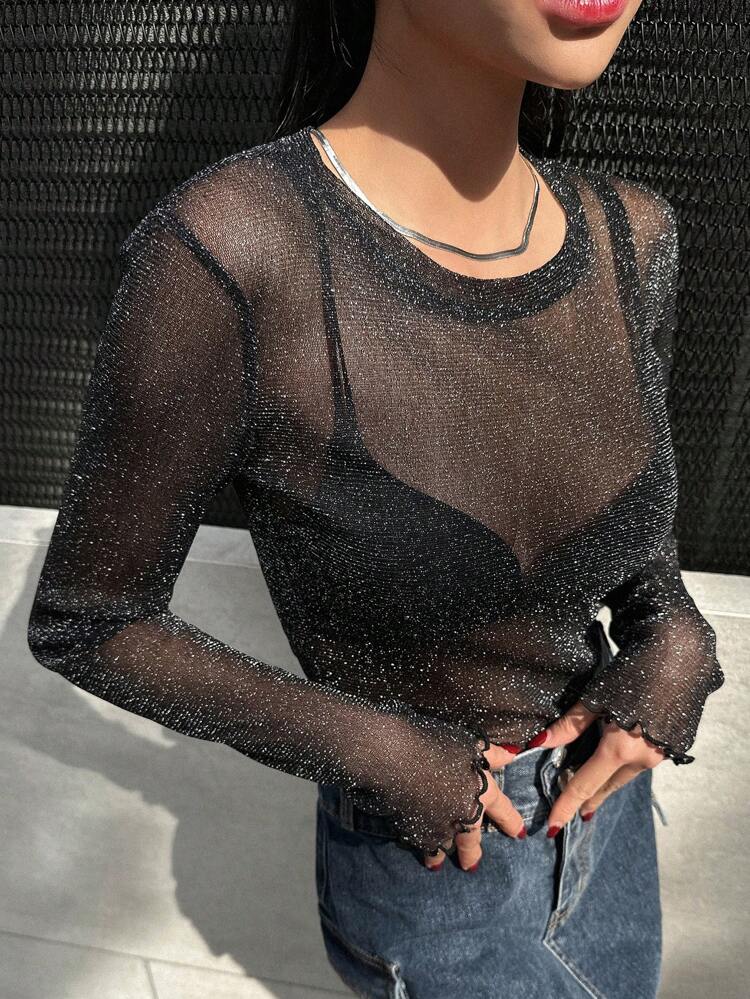 Lettuce Trim Sheer Mesh Top Without Bra Going Out Tops Festival Long Sleeve Women Tops,Fall Women Clothes