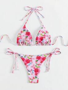 Women's Flower Printed Lace Trimmed Halter Bikini Set - Multicolor - View 2