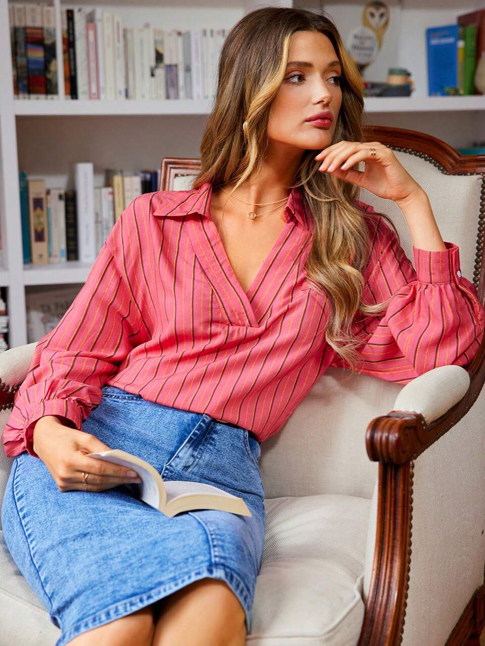 Striped Print Drop Shoulder Blouse Elegant