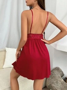 SHEIN 对比色蕾丝吊带睡衣 - 酒紅色 - 查看 2