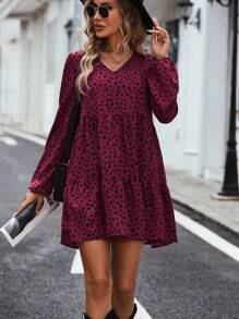 SHEIN VCAY 斑點印花燈籠袖荷葉邊娃娃裙