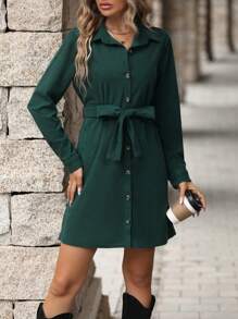 SHEIN LUNE Solid Button Front Belted Shirt Dress - Dark Green - View 6