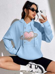 SHEIN EZwear 愛心圖案袋鼠口袋落肩袖抽繩連帽衫 - 淺藍色 - 查看 1