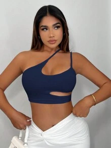 SHEIN SXY Một bờ vai Cắt ra Top Cây trồng - Màu xanh hải quân - Xem 5