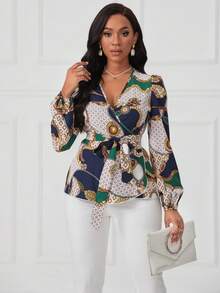 SHEIN Lady 圖案印花燈籠袖腰帶襯衫 - 彩色 - 查看 3