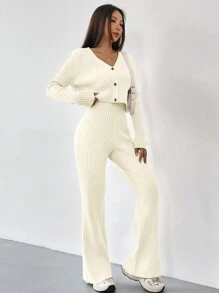 SHEIN EZwear Autumn And Winter 2pcs/Set Women V-Neck Button Decor Contrast Color Long Sleeve Top And Knitted Long Pants Sweater Suit