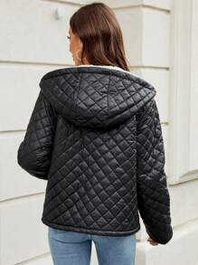 SHEIN LUNE Áo khoác có mũ trùm đầu có lót bông chần bông có khóa kéo Quần áo mùa đông - màu đen - Xem 2