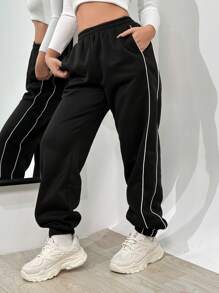 SHEIN LUNE 对比滚边斜口袋裤 - 黑色 - 查看 5