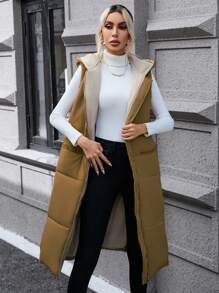 SHEIN Privé Dây kéo áo có mũ Áo gi lê Lông vũ - Màu nâu  Mocha - Xem 4