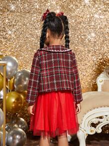 Young Girl Contrast Wave Tape Tweed Jacket & Mesh Overlay Dress - Red - View 2