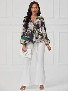 SHEIN Lady 圖案印花燈籠袖腰帶襯衫 - 彩色 - 查看 1