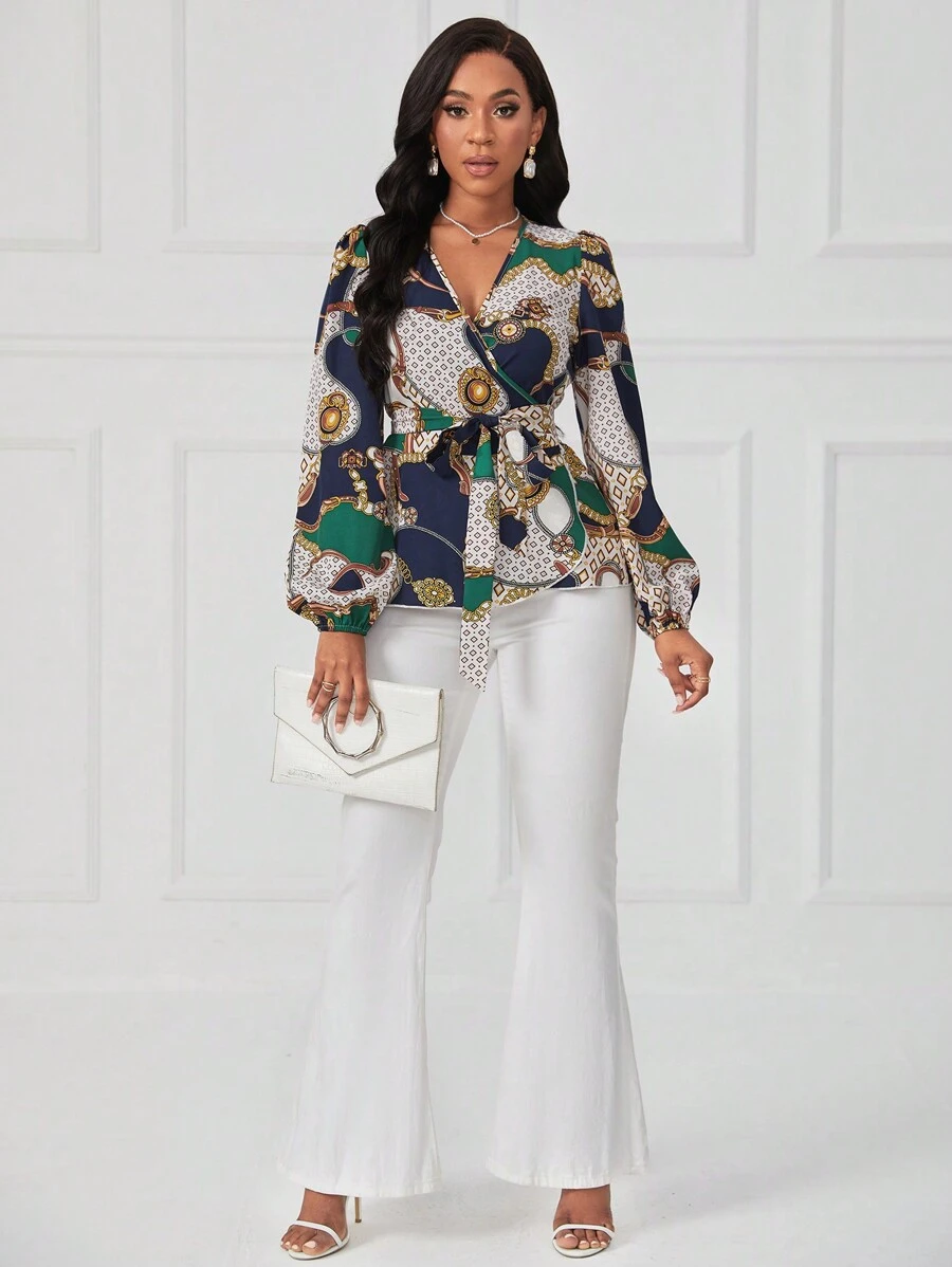 SHEIN Lady 圖案印花燈籠袖腰帶襯衫 - 彩色 - 查看 1