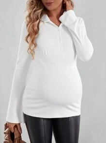 SHEIN Thai sản Chuông Có màu sắc Sọc Áo thun Với Vòng cổ - trắng - Xem 3