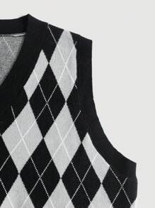 SHEIN Qutie Hơn Họa tiết Argyle Áo len vest - Xám - Xem 6