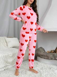 女士心形圖案印花絨毛睡衣套裝 - 粉色 - 查看 3