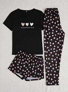 Women's Love Pattern Pajama Set, 3pcs (Short Sleeve T-Shirt + Shorts + Long Pants) - Black - View 4