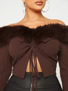 SHEIN SXY 一字肩毛茸邊前抽繩T恤 - 棕色 - 查看 6