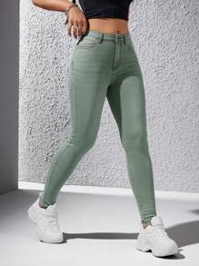 SHEIN Essnce 素色緊身九分牛仔褲 - 綠色 - 查看 4