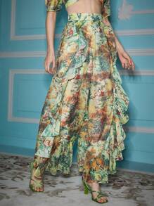 Alice McCall Designer Women Allover Print Ruffle Trim Wide Leg Pants, For Summer, Holiday, Festival