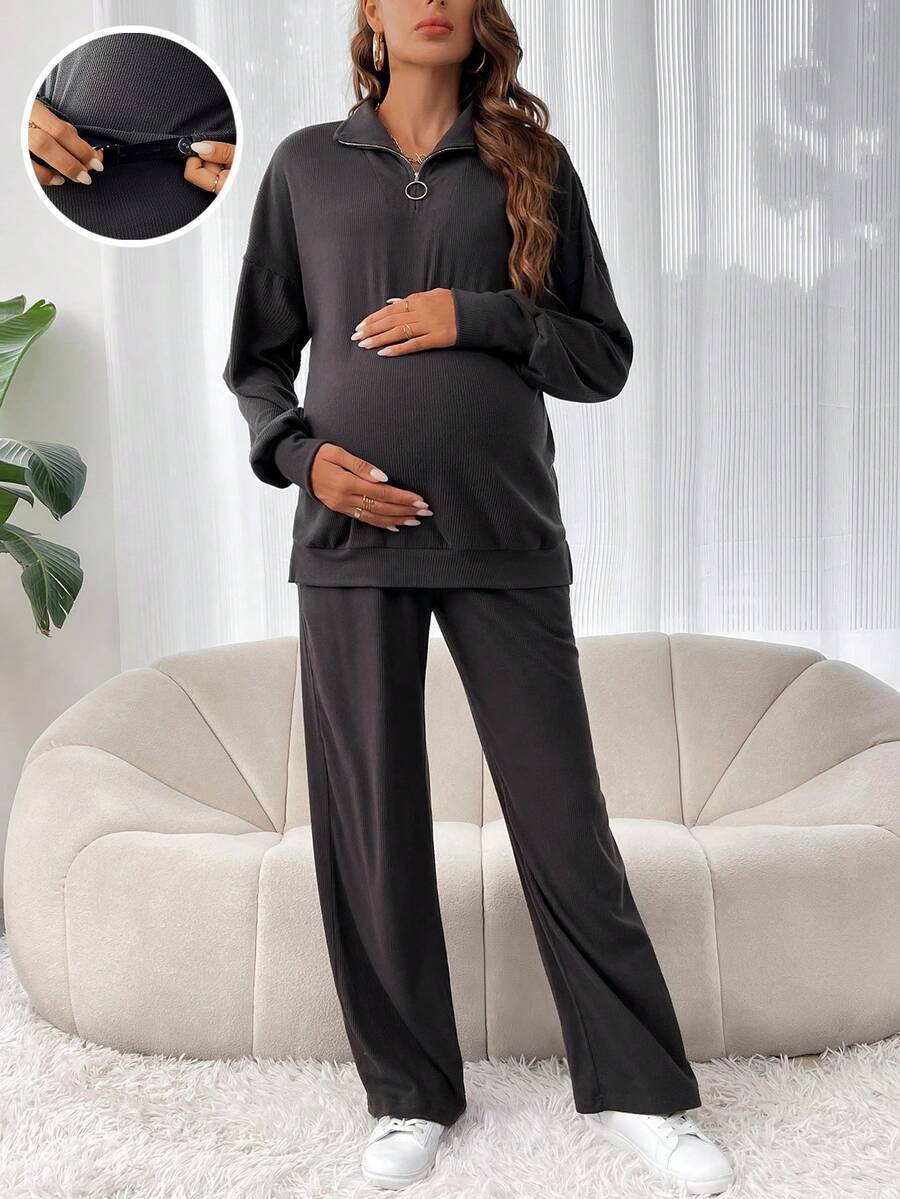SHEIN Maternity Half Zip Drop Shoulder Sweatshirt & Adjustable Waist Pants - Dark Grey - View 1