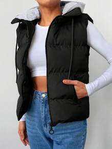 EURMUSE Fashionable Versatile Sleeveless Drawstring Hooded Jacket, Winter - Black - View 3