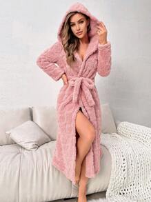 纯色系带连帽法兰绒睡袍，适合秋冬季节，舒适保暖，蓬松柔软 - 淺粉色 - 查看 3