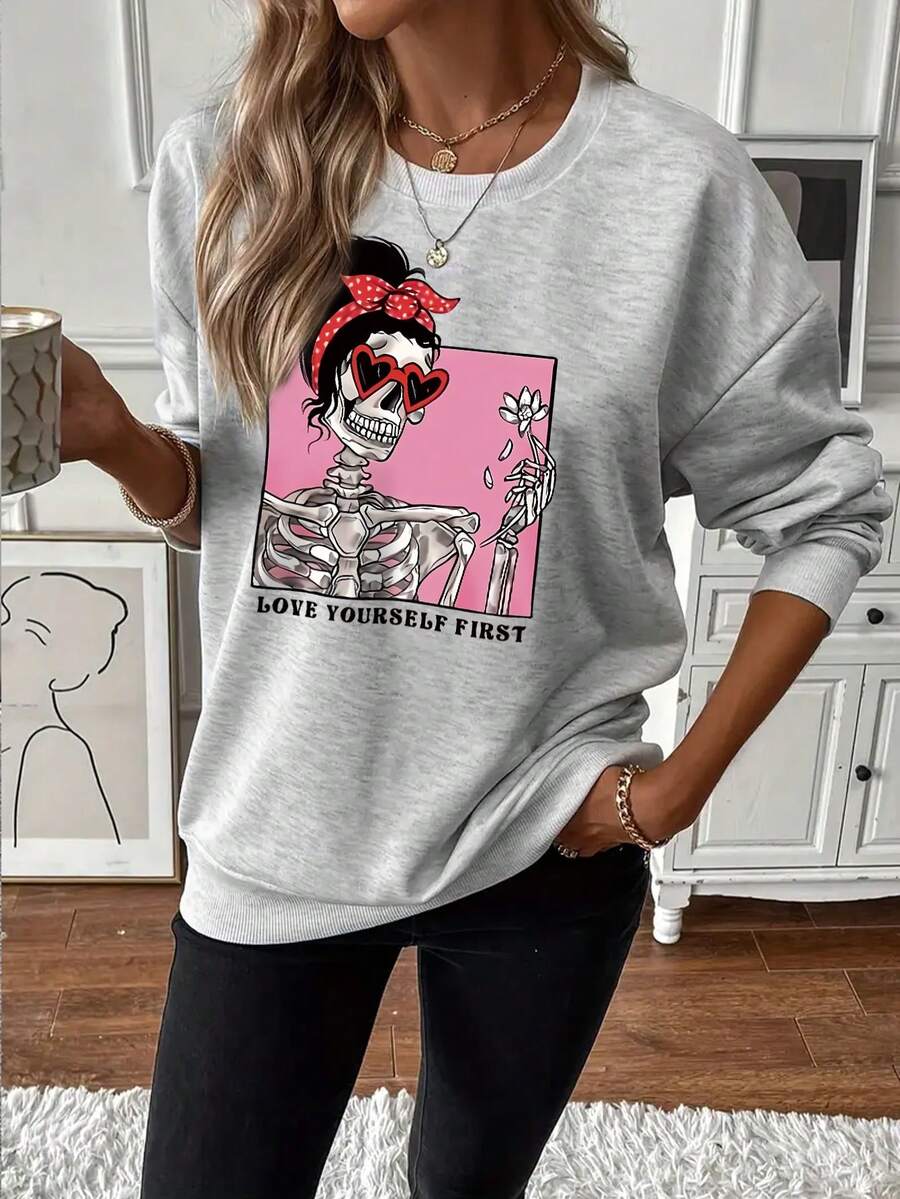 SHEIN Essnce 女士骷髅印花保暖衬里运动衫 - 灰色 - 查看 1