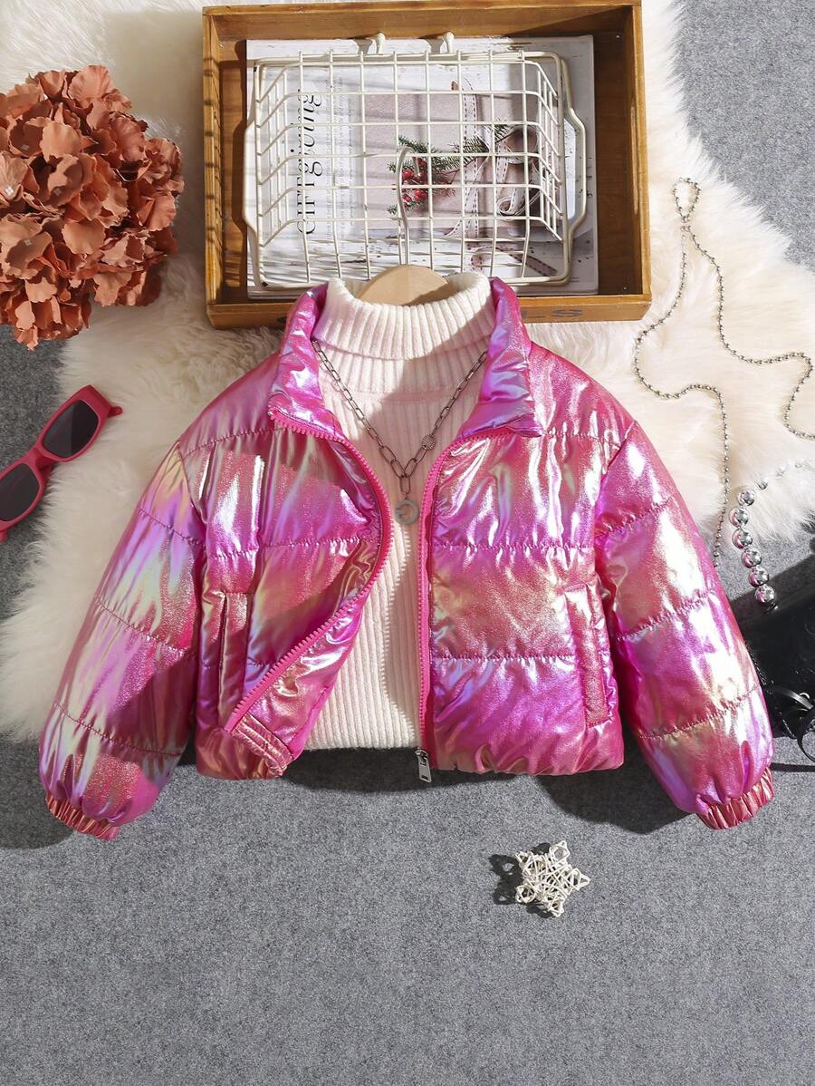 SHEIN Áo khoác đệm ngắn dễ thương cho cô gái trẻ có dây kéo - Nhiều màu - Xem 1