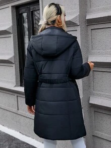 SHEIN Privé Áo khoác có mũ trùm đầu có đệm kéo khóa kèm thắt lưng - màu đen - Xem 2