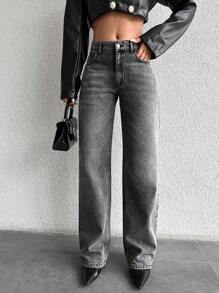 EURMUSE Casual Washed Straight Leg Jeans - Grey - View 1