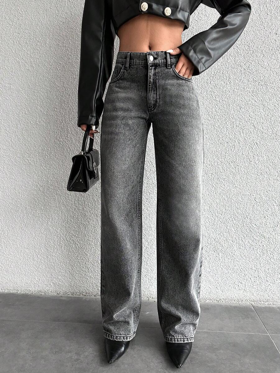 EURMUSE Casual Washed Straight Leg Jeans - Grey - View 1