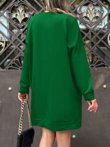 RueChic Drop Shoulder Split Hem Sweatshirt Dress - Olive Green - View 2
