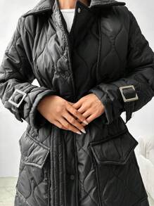 EURMUSE Snap Button Up Belted Quilted Coat - Black - View 6