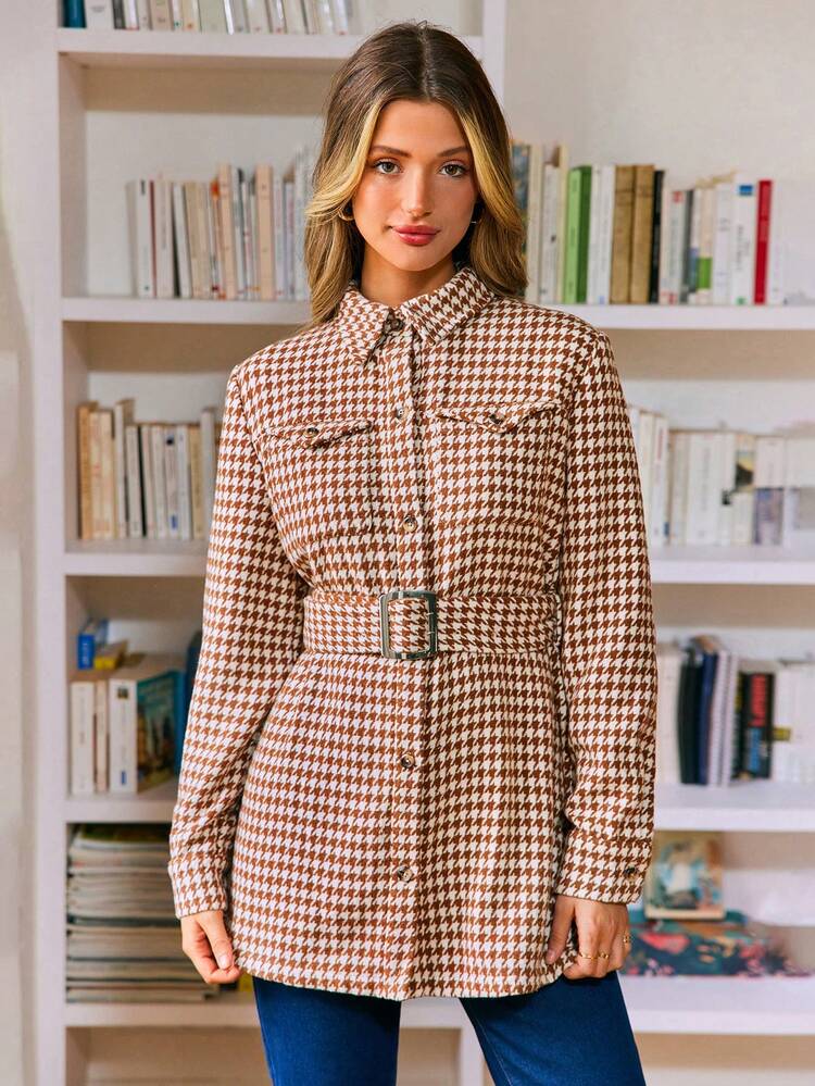 Houndstooth Print Flap Pocket Belted Overcoat