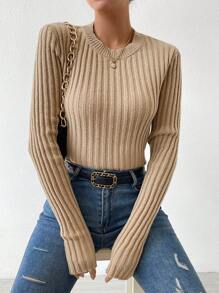 SHEIN LUNE Suéter de punto acanalado de punto sólido para otoño e invierno - Caqui - Ver 1
