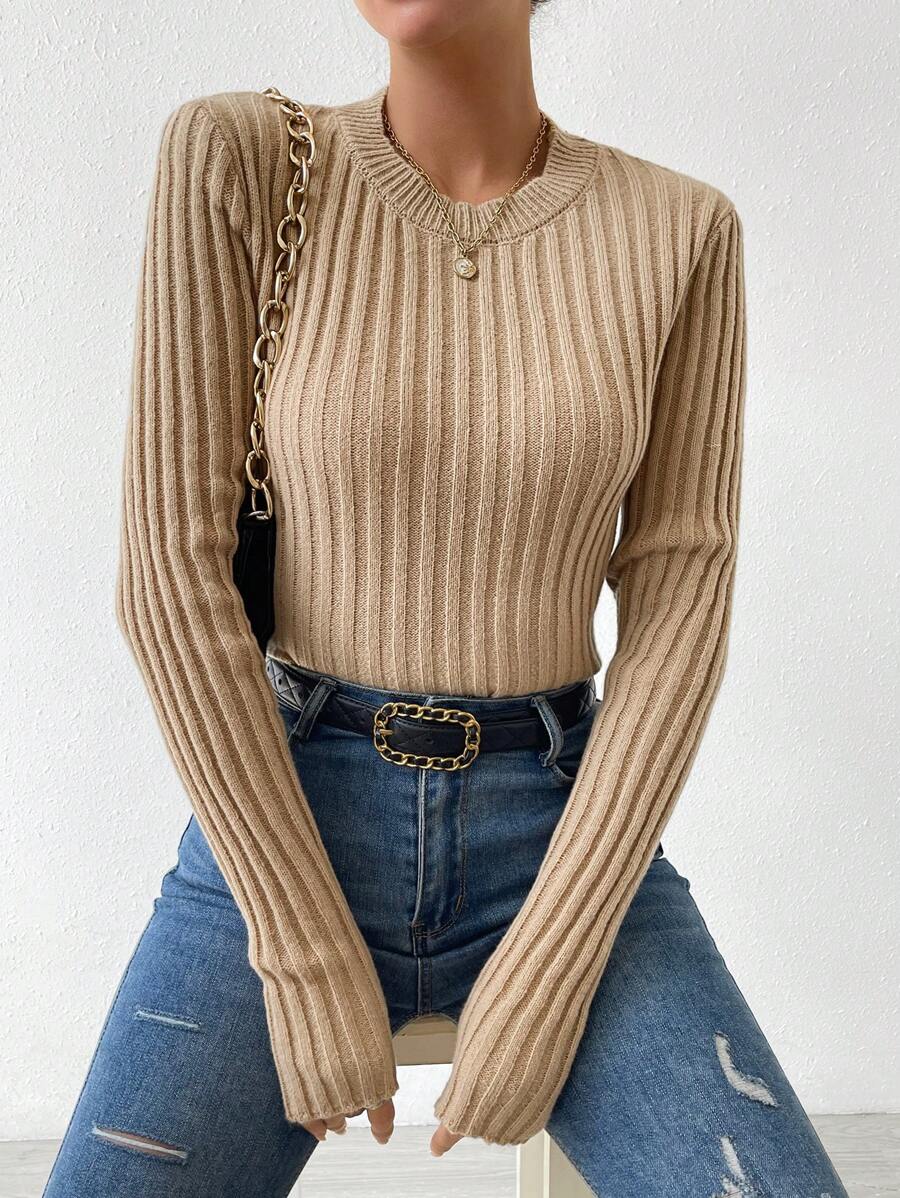 SHEIN LUNE Suéter de punto acanalado de punto sólido para otoño e invierno - Caqui - Ver 1