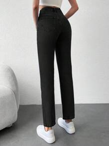 RueChic High Waisted Straight Leg Jeans - Black - View 2