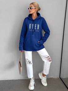 RueChic Của phụ nữ Lá thư In Hoodie Với dây rút - Xanh đậm - Xem 3