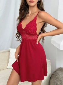 SHEIN 对比色蕾丝吊带睡衣 - 酒紅色 - 查看 3