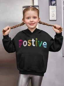 SHEIN Cô gái Giải trí áo có mũ Áo chui đầu Áo nỉ Với Long lanh Thêu Đan - màu đen - Xem 7