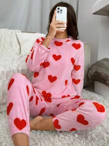 女士心形圖案印花絨毛睡衣套裝 - 粉色 - 查看 4