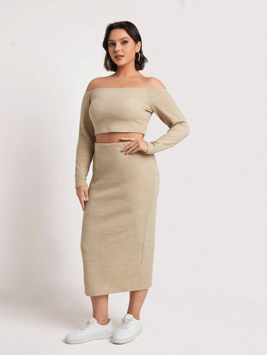 SHEIN BASICS Plus Off Shoulder Crop Top & Skirt - Khaki - View 1