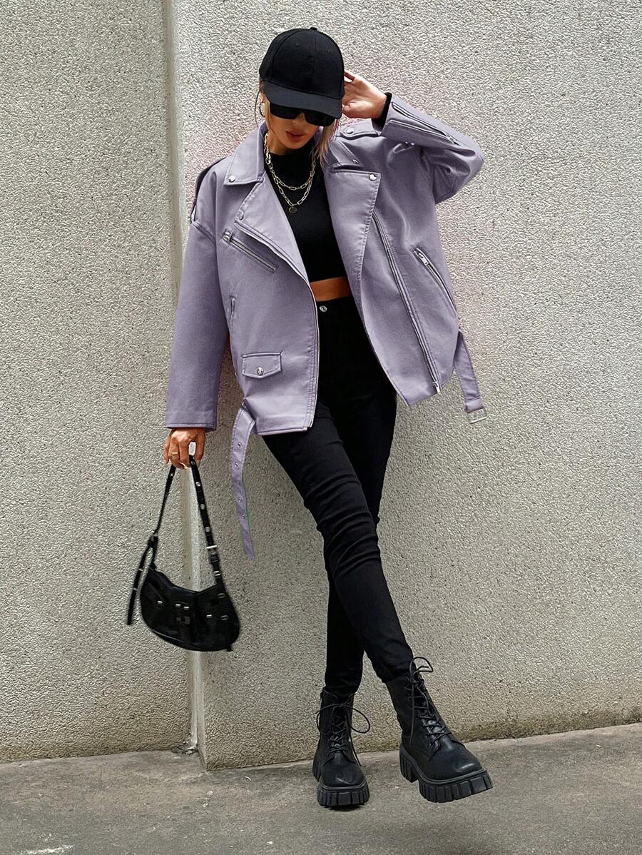 SHEIN ICON Drop Shoulder Belted Moto Jacket - Purple - View 1
