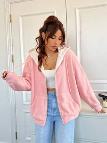 SHEIN EZwear 落肩袖抽繩連帽毛絨內襯夾克 - 粉色 - 查看 6