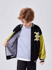SHEIN Tween Boy Letter Embroidery Drop Shoulder Two Tone Varsity Jacket - Black - View 6